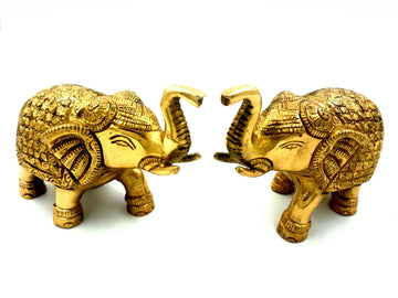 Ethnic Decor Elephant Pair Standing Trunk Up Statue - 5 Inch (Gold)