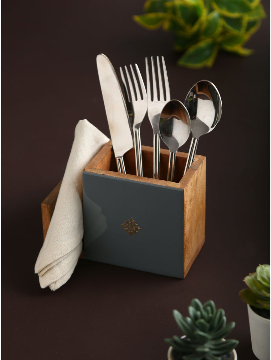 Grey Cutlery And Napkin Holder With Motif