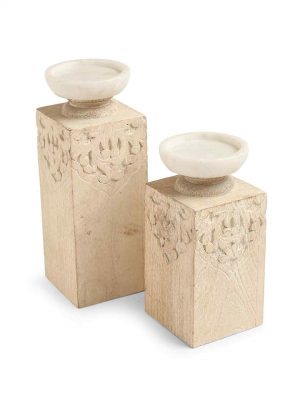 Hand Carved Candle Holders With Marble Top (set Of 2)