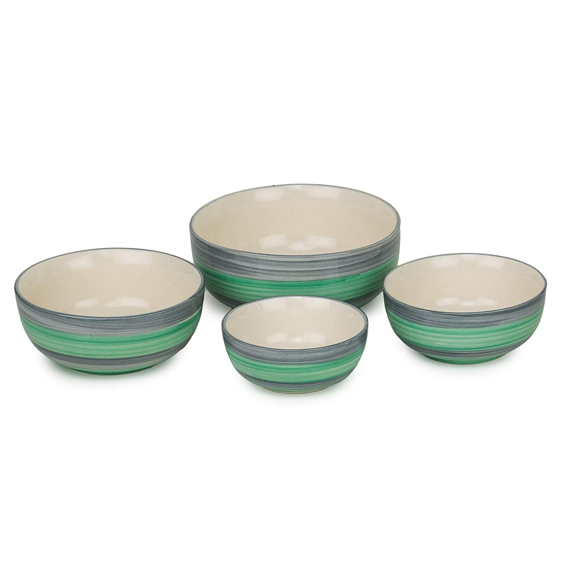 Ceramic Mixing Bowls- Green & Grey- Set Of 4