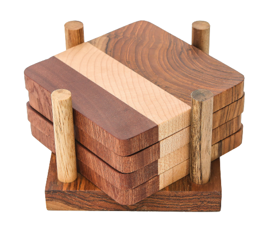 Rose And Pine Wood Tea Coaster Set