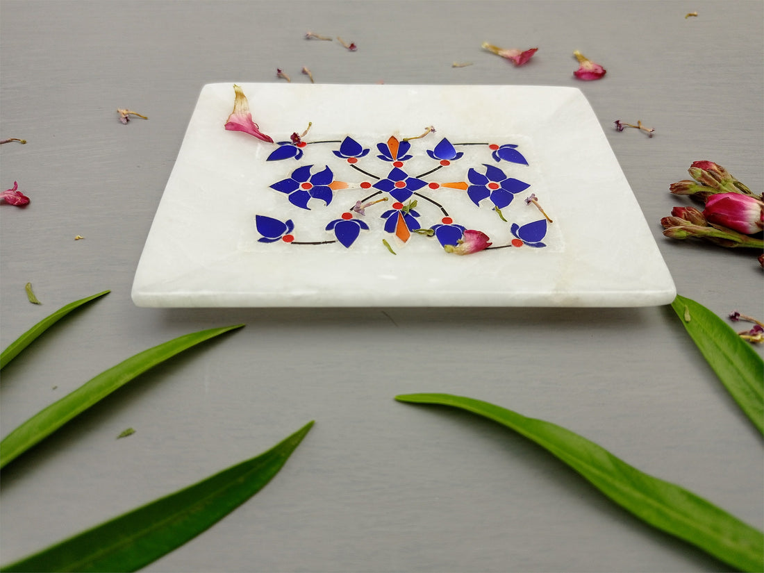 Durriyah Decorative Marble Inlay Handcrafted Rectangular Tray Natural White Alabaster Soapstone