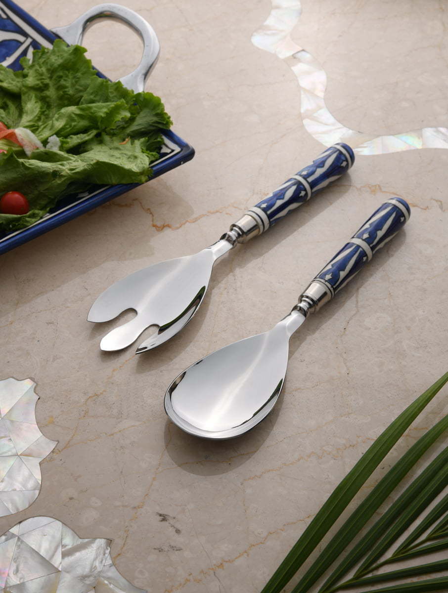 Stainless Steel Salad Server Set With Blue Ceramic Handle