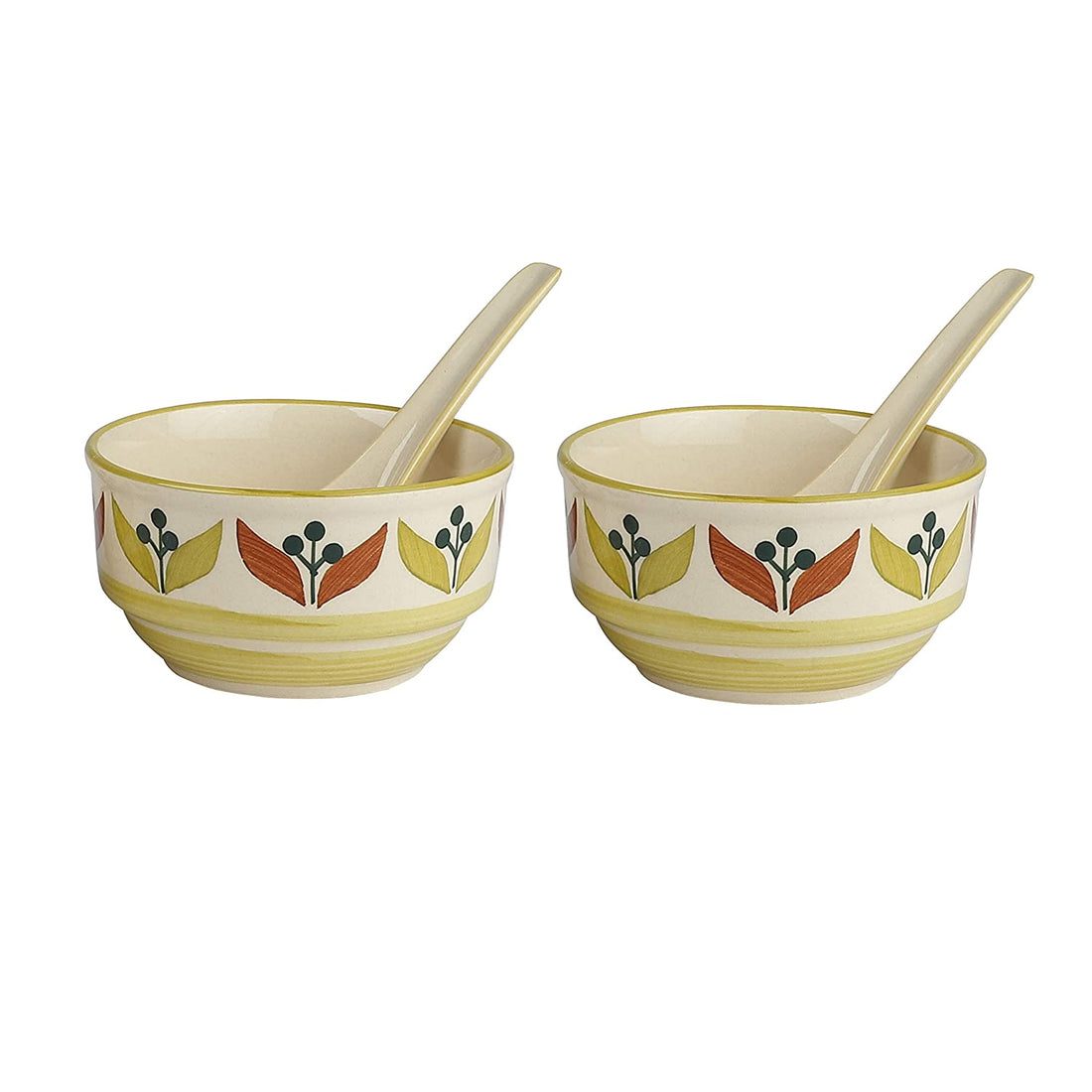 Handpainted Leaf-srip Pattern Ceramic Soup Bowls With Matching Spoons (set Of 2)