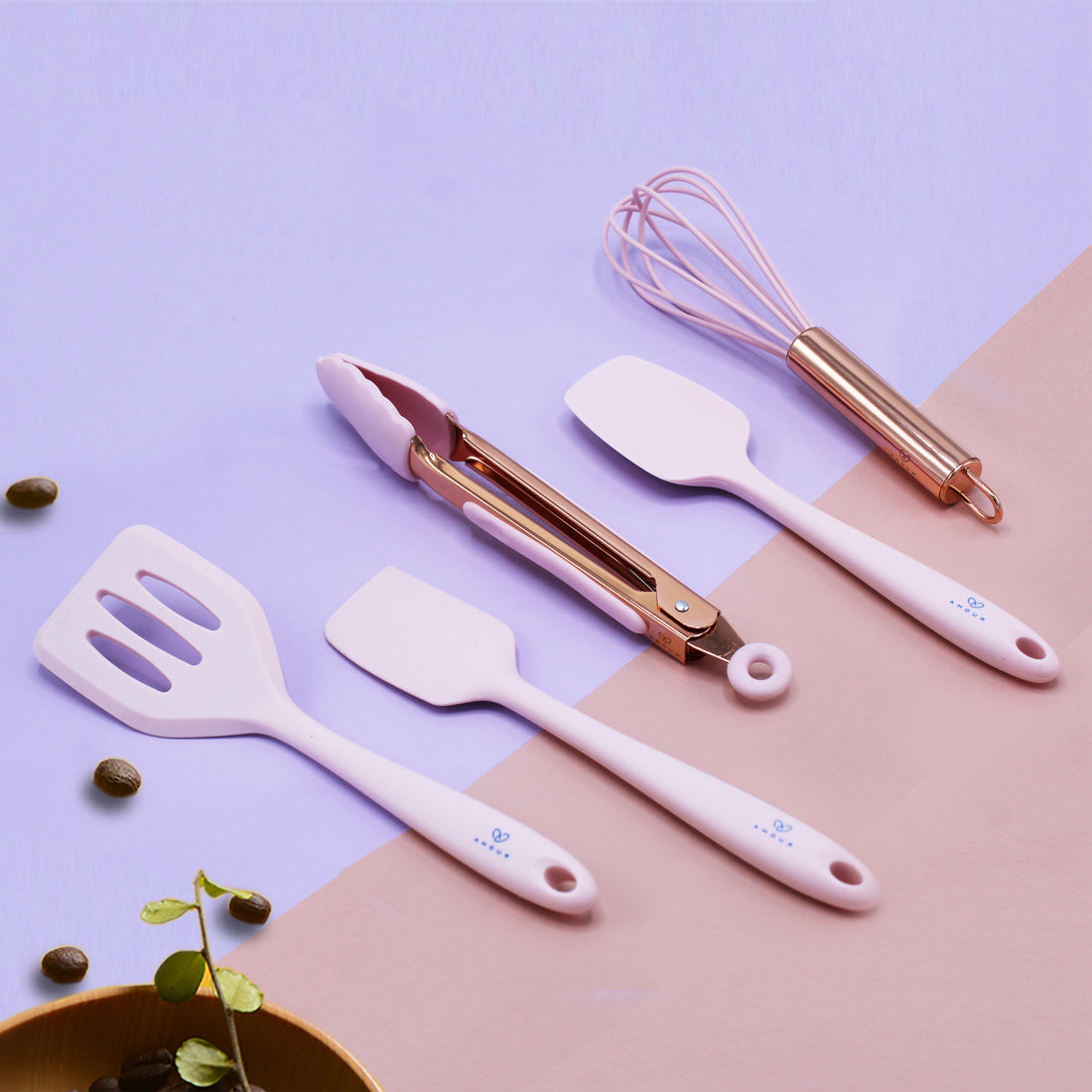 Set Of Five Pink And Rose Gold Silicone Mini Kitchen Utensil Set