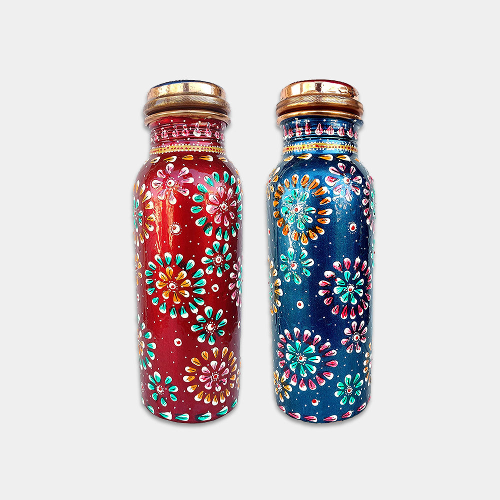 Blue & Red Hand Painted Copper Bottle Set Of 2