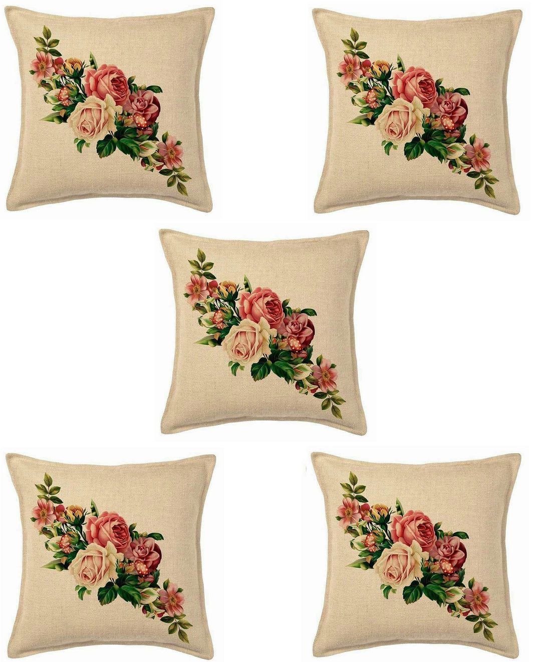 Floral - Digital Print Jute Cushion Cover Set Of 5pcs