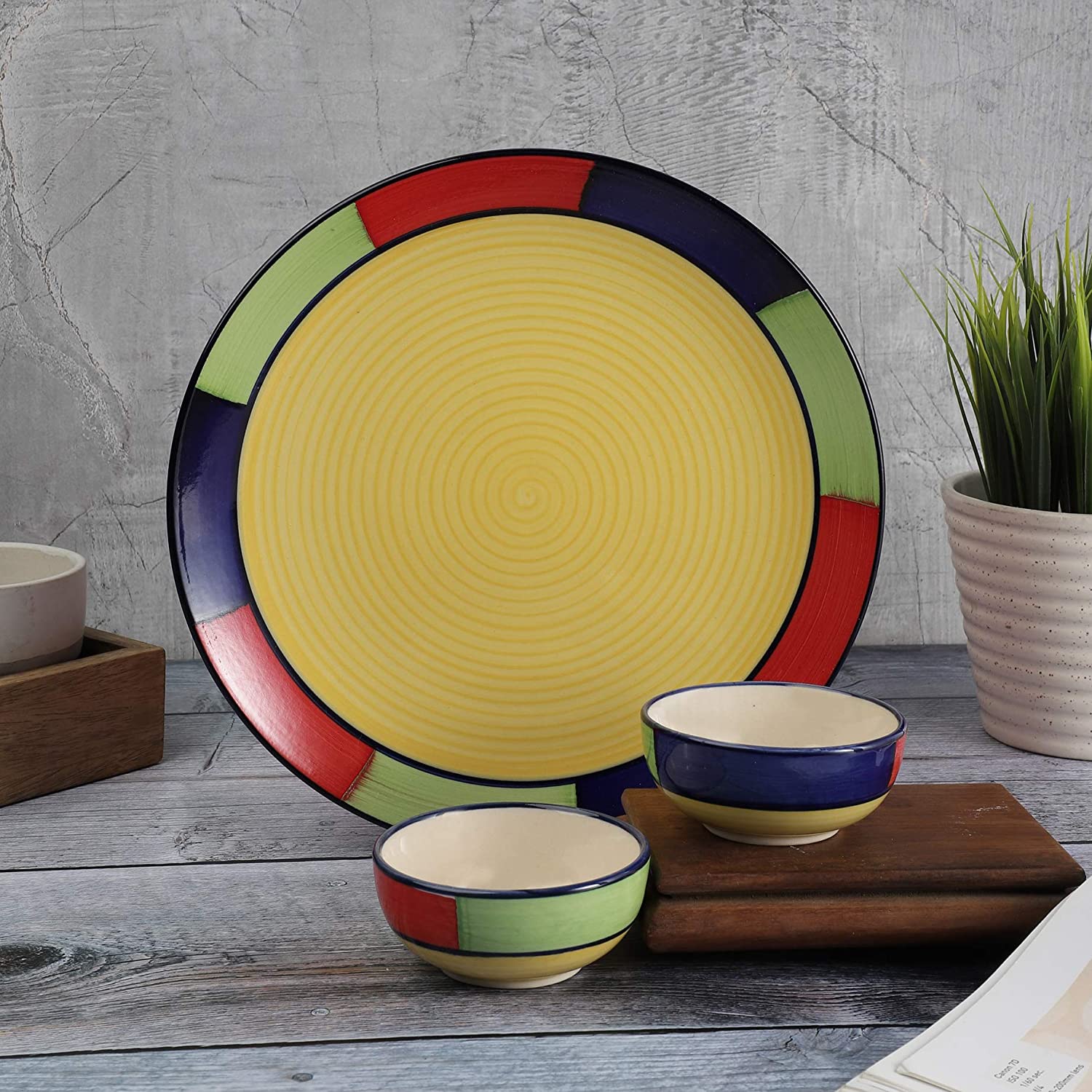 Handpainted Multicolor Ceramic Dinner Plate And Bowl Set (1 Plate- 2 Bowls)