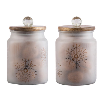 Snowflake Glass Jar With Wooden Lid- Set Of 2