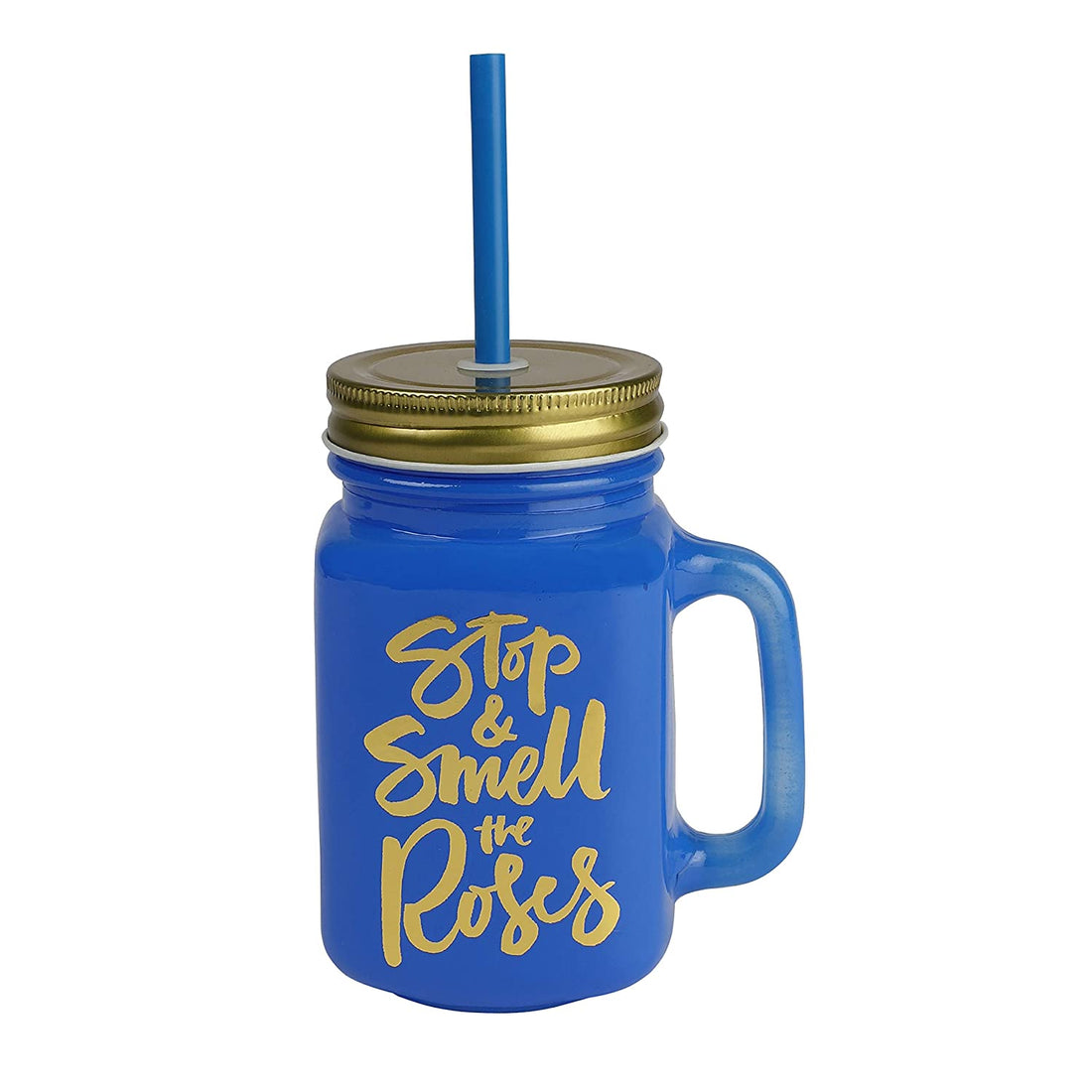 Blue Color Jar With Metal Lid And Reusable Straw - 500 Ml