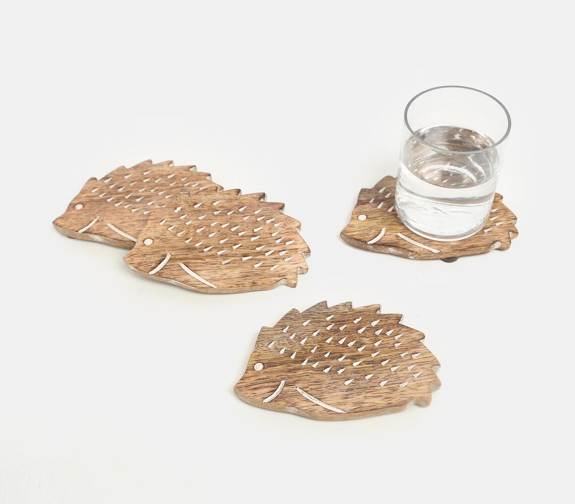 Hand Carved Hedgehog Shaped Coaster Set