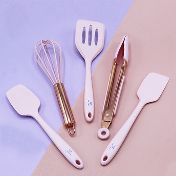 Set Of Five Pink And Rose Gold Silicone Mini Kitchen Utensil Set