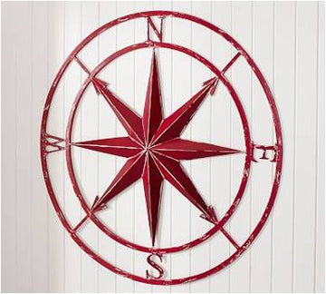 Round Distressed Red Metal Compass Wall Decor