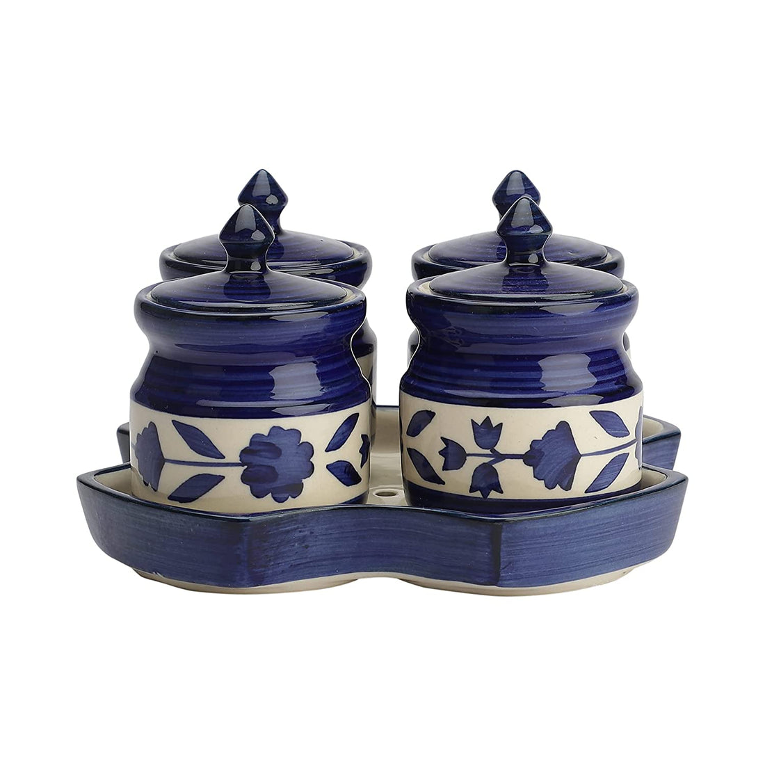 Blue Ceramic Handcrafted Multipurpose Dining Table Top Pickle Jar Storage Container With Tray