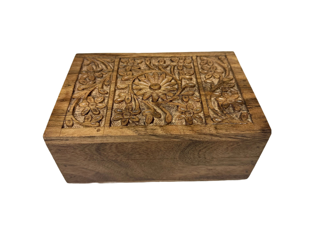 Hand Carved Acacia Wood Floral Design Box