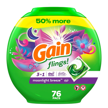 Gain flings Laundry Detergent Soap Pacs, HE Compatible, Long Lasting Scent, Moonlight Breeze Scent, 76 Count