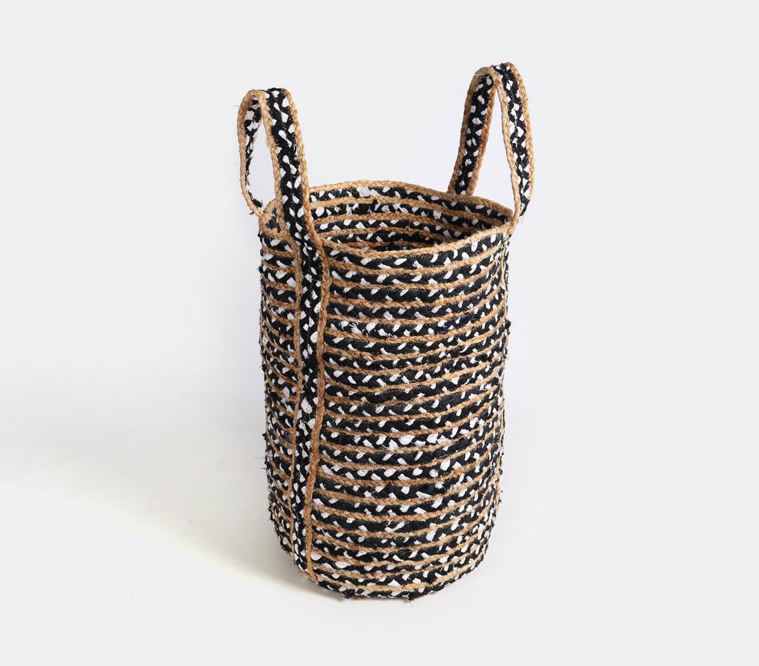 Recycled Rag And Jute Laundry Basket - Black And White