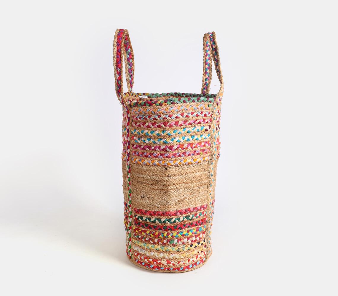 Recycled Rag And Jute Laundry Basket (Multicolor)