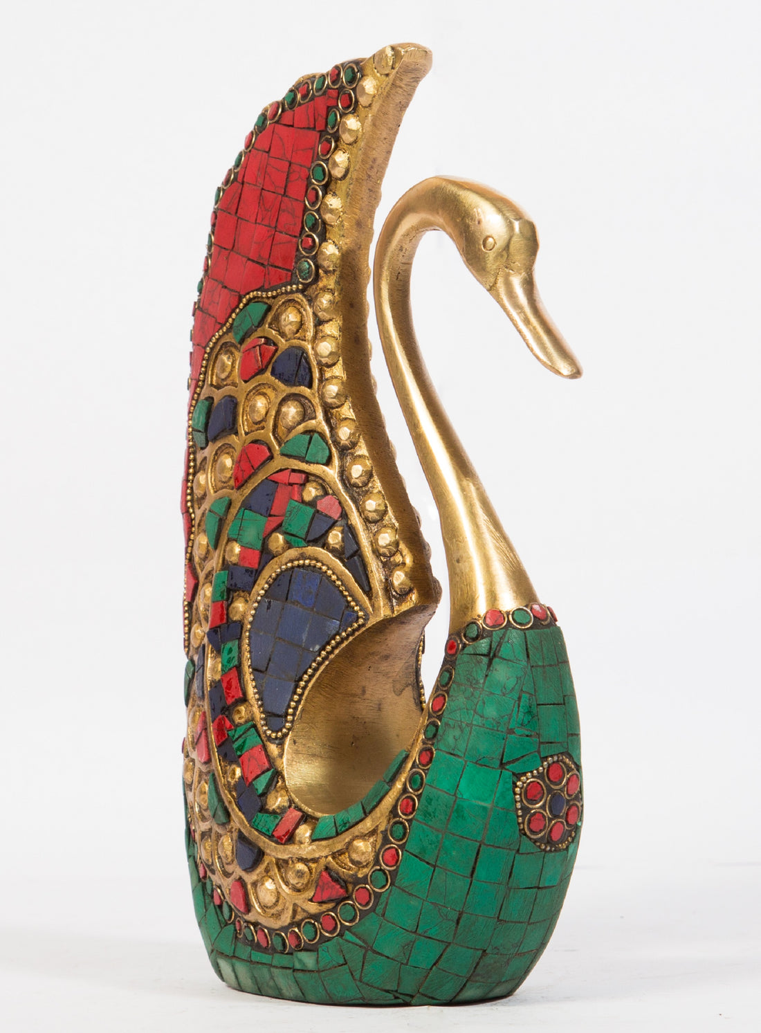 Ethnic Decor Swan Sculpture With Stonework - 10 Inch (Multicolour)