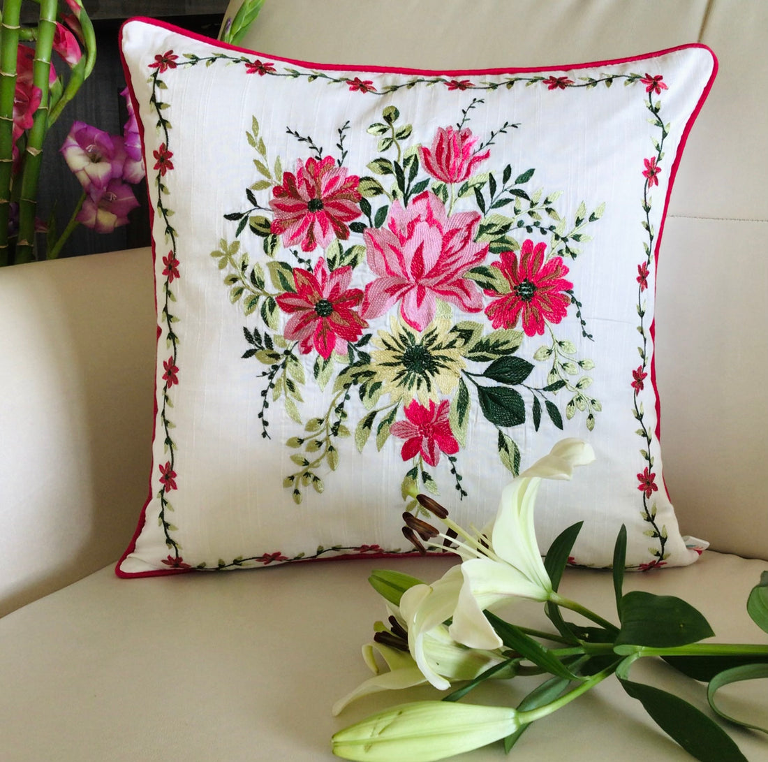 My Fair Lady - Embroidered Cotton Silk Cushion Covers - Set Of 2 - Fuchsia Pink (small)