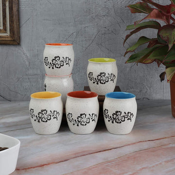 Handmade & Handcrafted Ceramic White Matte Finish Printed Cups- Set Of 6