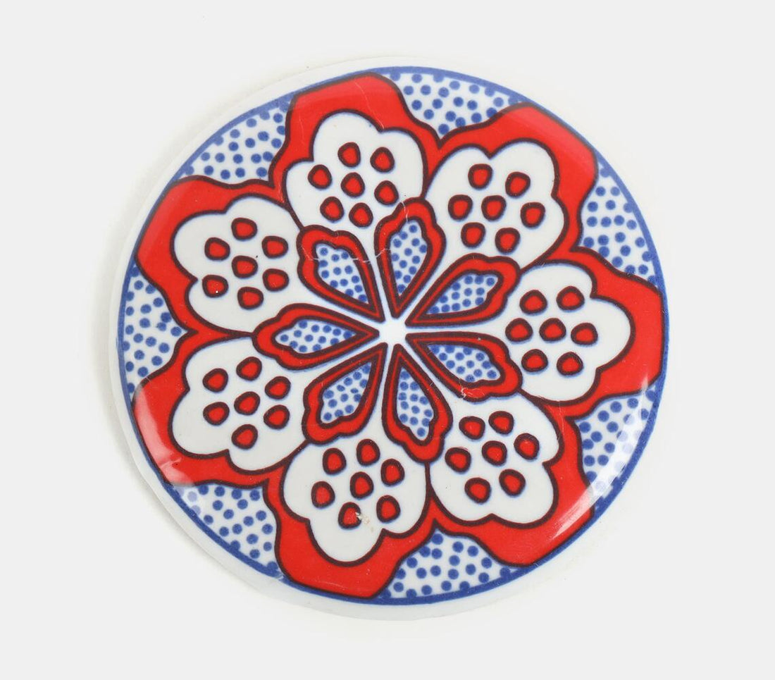 Ceramic Coaster With Cork Base Floral Design (Red)- Set Of 4