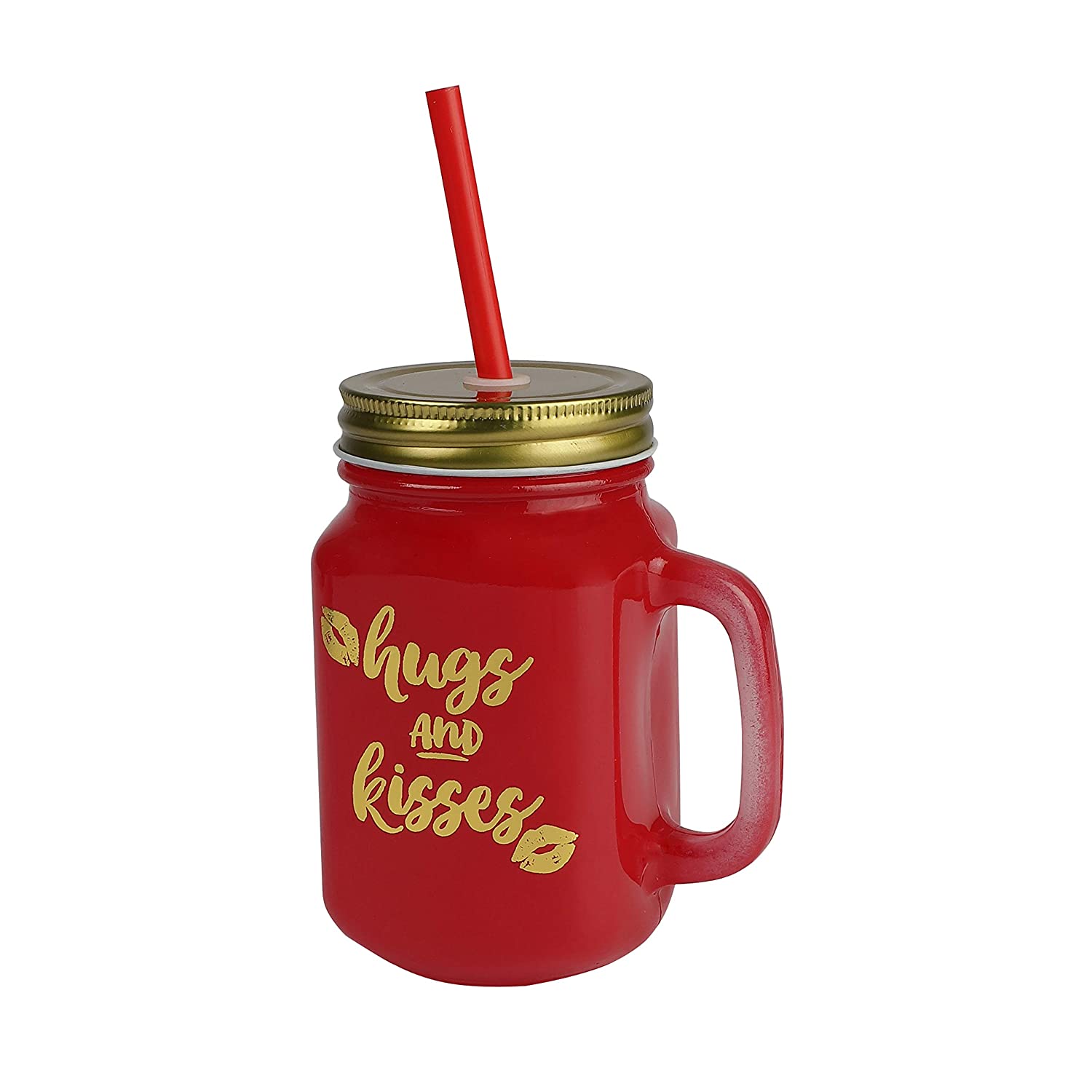 Red Color Jar With Metal Lid And Reusable Straw- 500 Ml