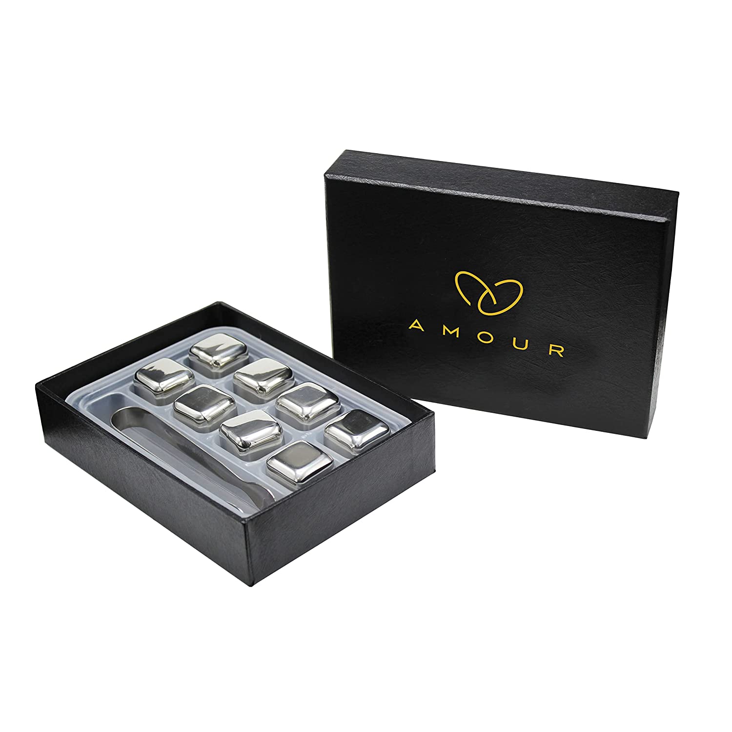 Premium Gold 8 Pcs Cold Drink & Whiskey Stones With Beautiful Gift Set - Ice Tray & Tong (silver)