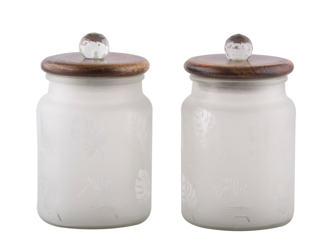 Leafy Glass Jar With Wooden Lid- Set Of 2