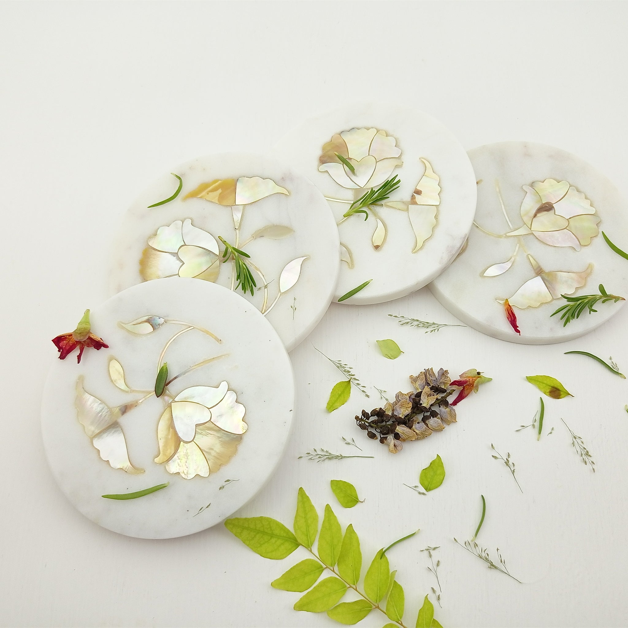 Naml White Marble Handcrafted Flower Inlay Craft Coaster Set Of 4 Pcs