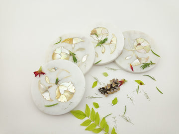 Naml White Marble Handcrafted Flower Inlay Craft Coaster Set Of 4 Pcs