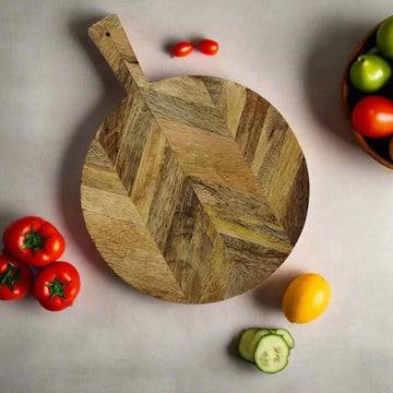 Handcrafted Chevron Patterned Round Mango Wood Chopping Board