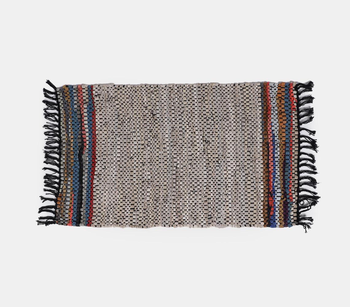 Recycled Leather Rug- Grey With Multicolor Border