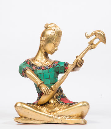 Musician Lady With Sitar Sculpture - 7 Inch (Multicolour)
