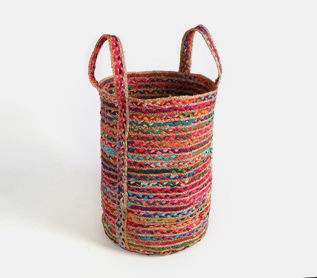 Recycled Rag And Jute Laundry Basket - Multicolour