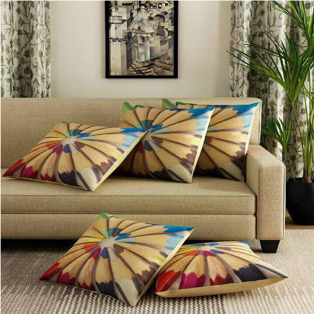 Colors - Digital Print Jute Cushion Cover Set Of 5pcs