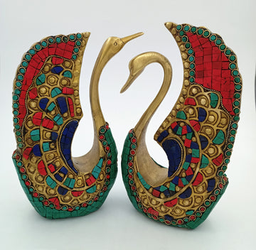 Ethnic Decor Swan Pair Sculpture - 10 Inch (Multicolour)