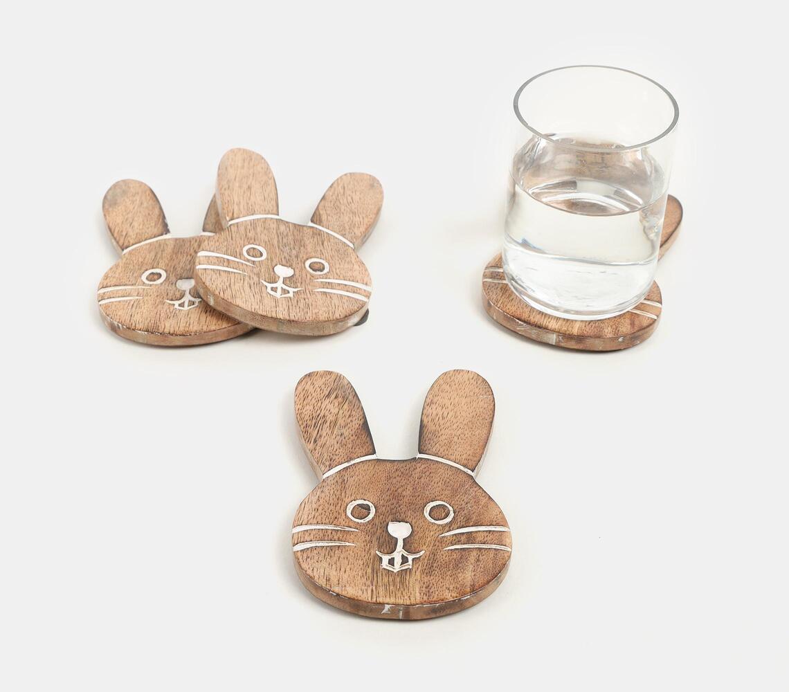 Hand Carved Bunny Shaped Coaster Set