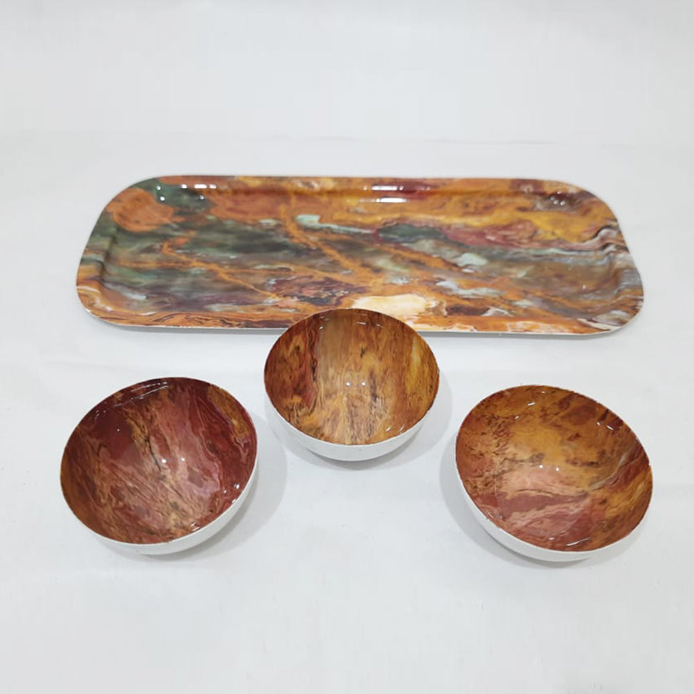 Luxury Decal Enamel Printed Finishing Serving Tray With Bowls Made Of Iron