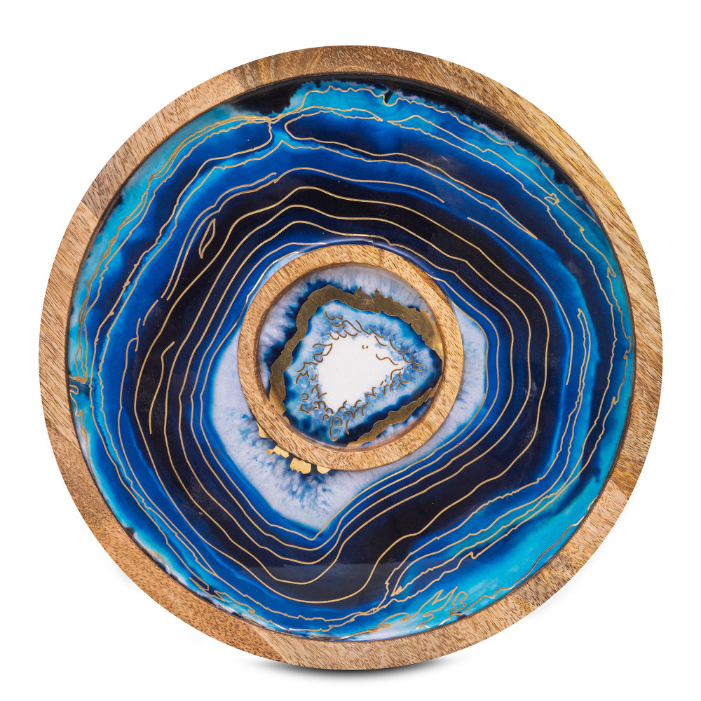 Wooden Blue Round Chip And Dip Platter