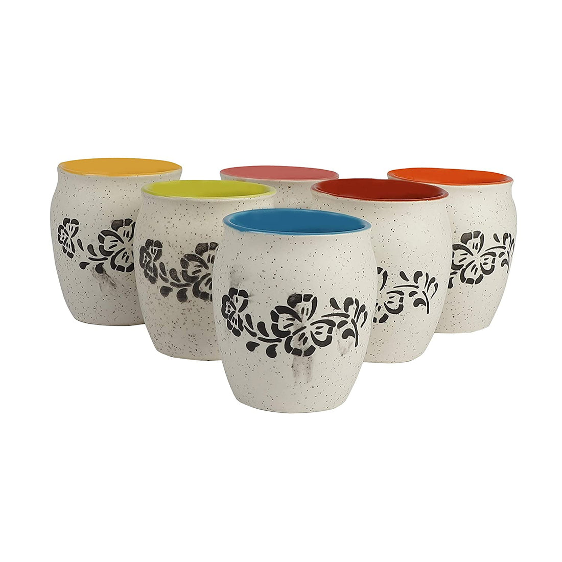 Handmade & Handcrafted Ceramic White Matte Finish Printed Cups- Set Of 6