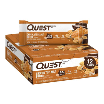 Quest Nutrition Chocolate Peanut Butter Bars, 20g Protein, 1g Sugar, 5g Net Carb, Gluten Free, Keto Friendly, 12 Count