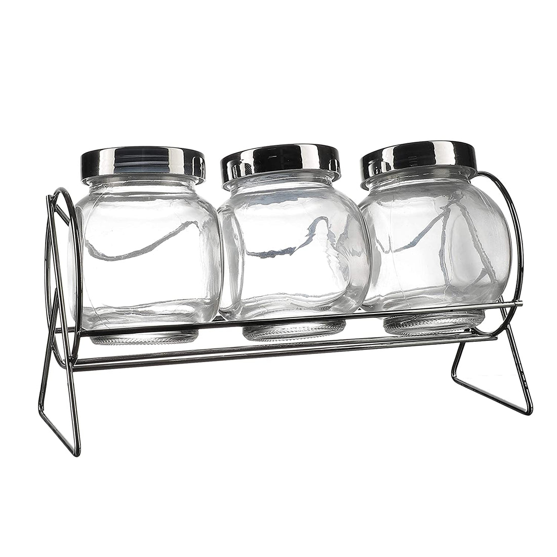 Glass Jar- Set Of 3 With Metal Stand 