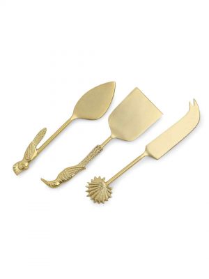 Bird And Flower Design Cheese Set In Gold Tone Finish