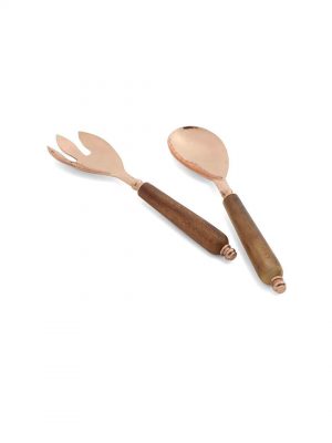 Copper Tone Salad Server With Wooden Handles