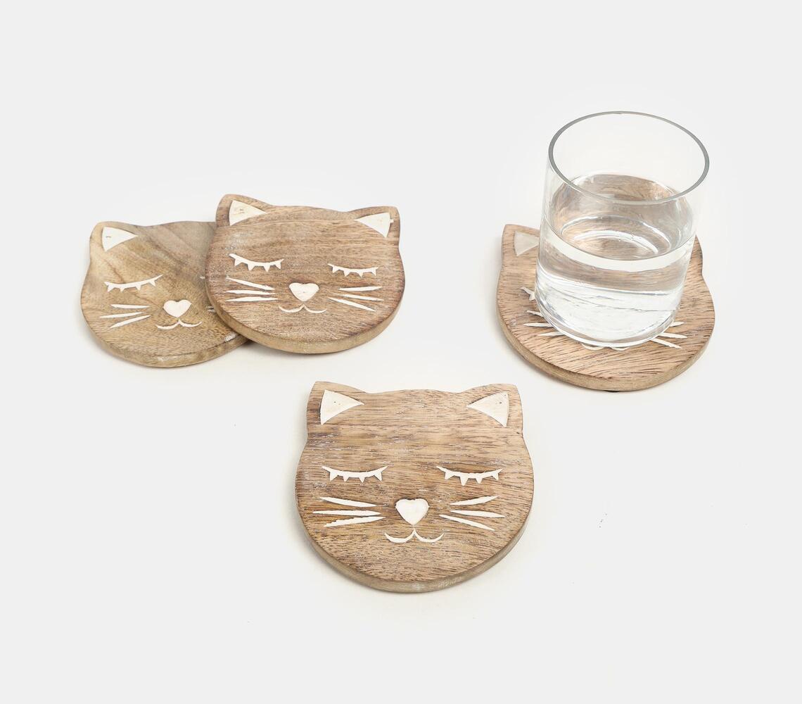 Hand Carved Cat Shaped Coaster Set