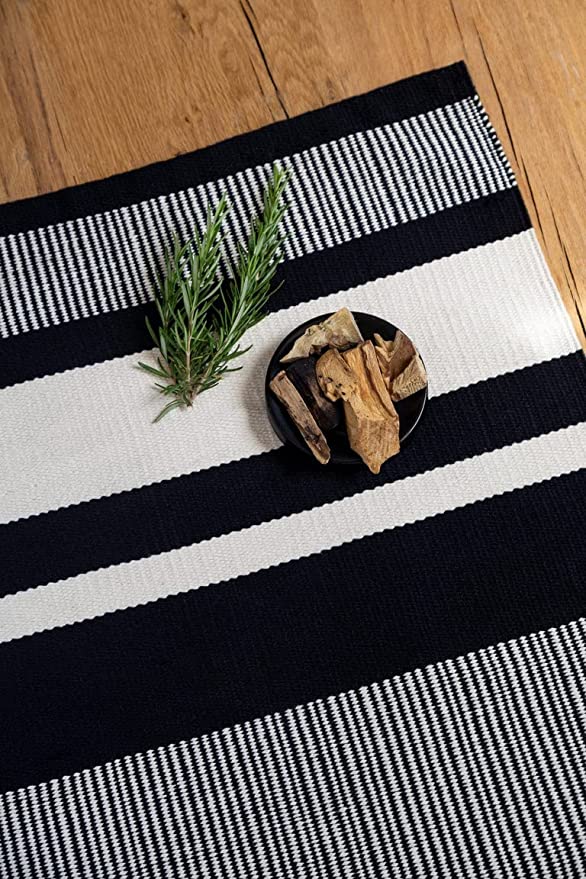 Handwoven Rug With Black And White Strips