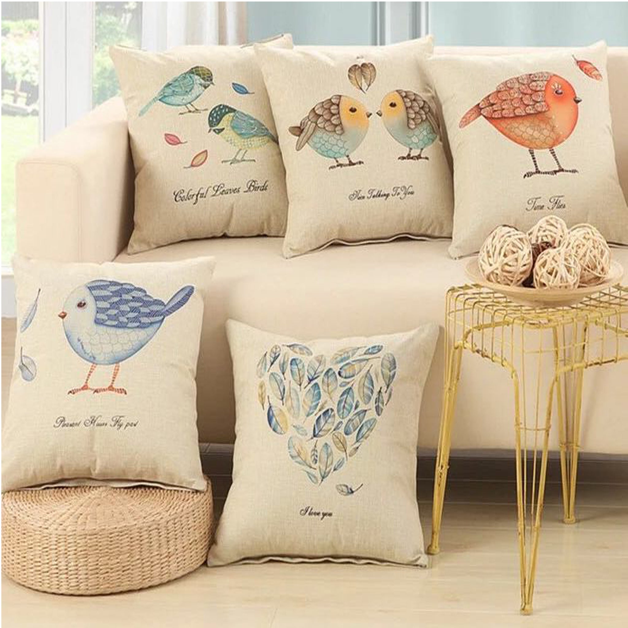 Birdy - Digital Print Jute Cushion Cover Set Of 5 Pcs