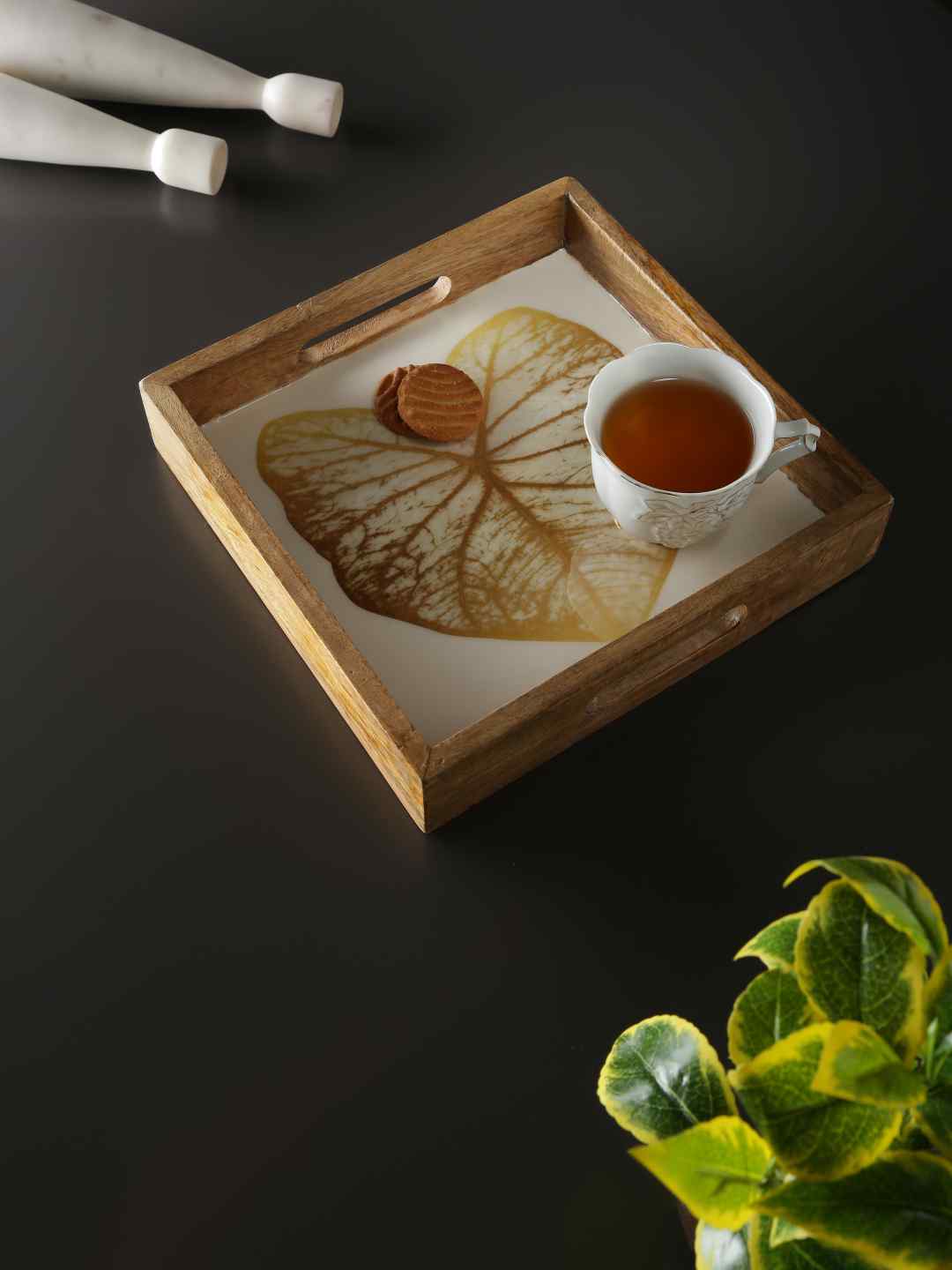 Mango Wood Tray In Enamel Finish With Gold Leaf Design