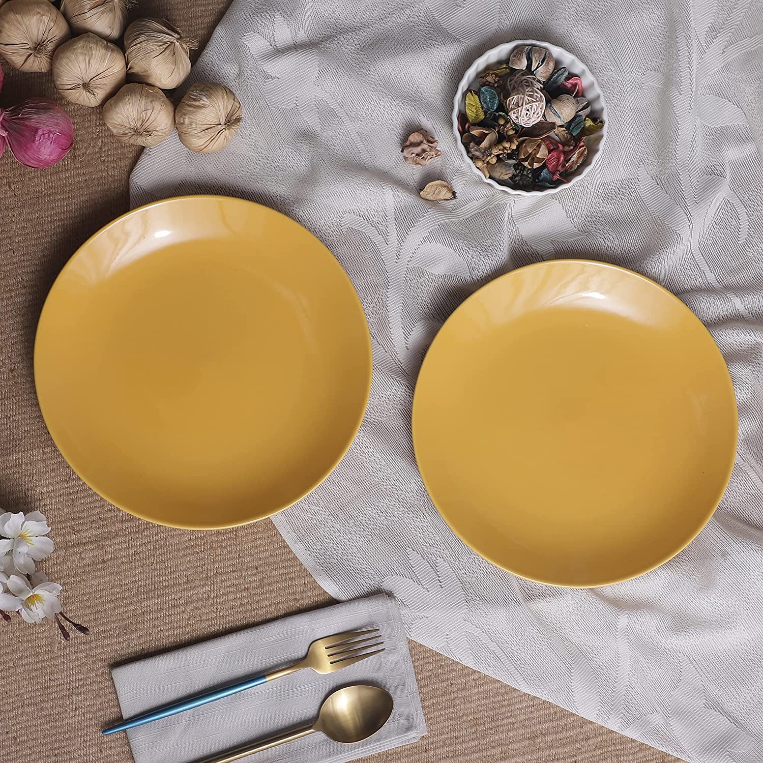 Handpainted Ceramic Plates In Yellow Set Of 2